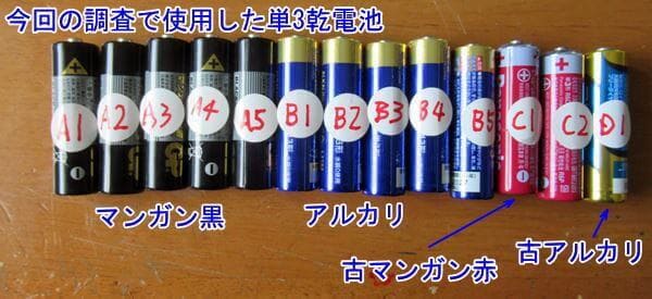 実験に使用した単3電池類