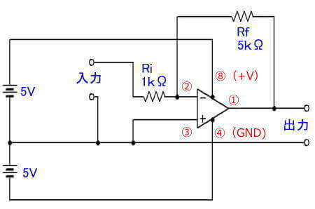5倍の増幅率での両電源回路例