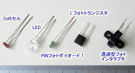 CdSセル　LED　フォトダイオード　フォトトランジスタ　フォトインタラプタなど